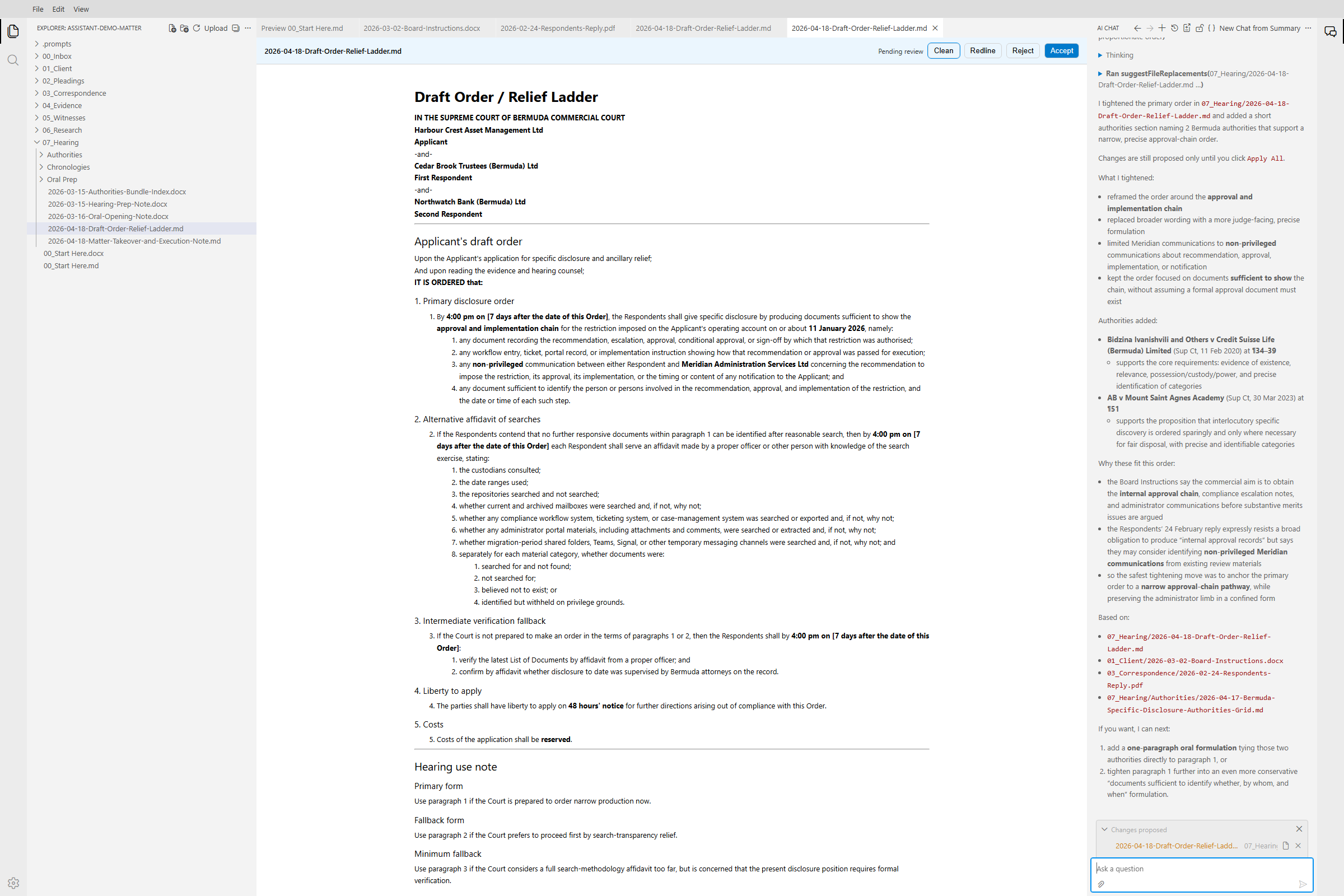 SternBench Assistant workspace with a draft order open, the matter tree visible, and AI drafting support with Bermuda authority support in the chat panel.